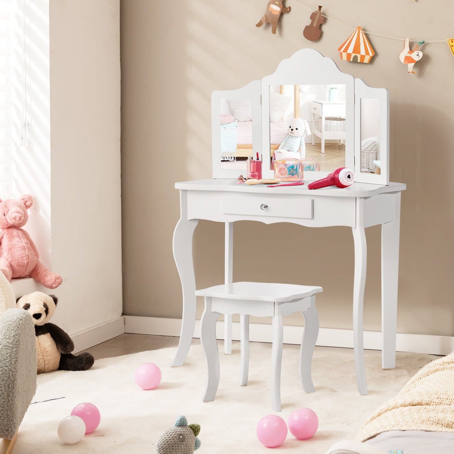 Conjunto de Espejo de Maquillaje Infantil con Mesa y Taburete