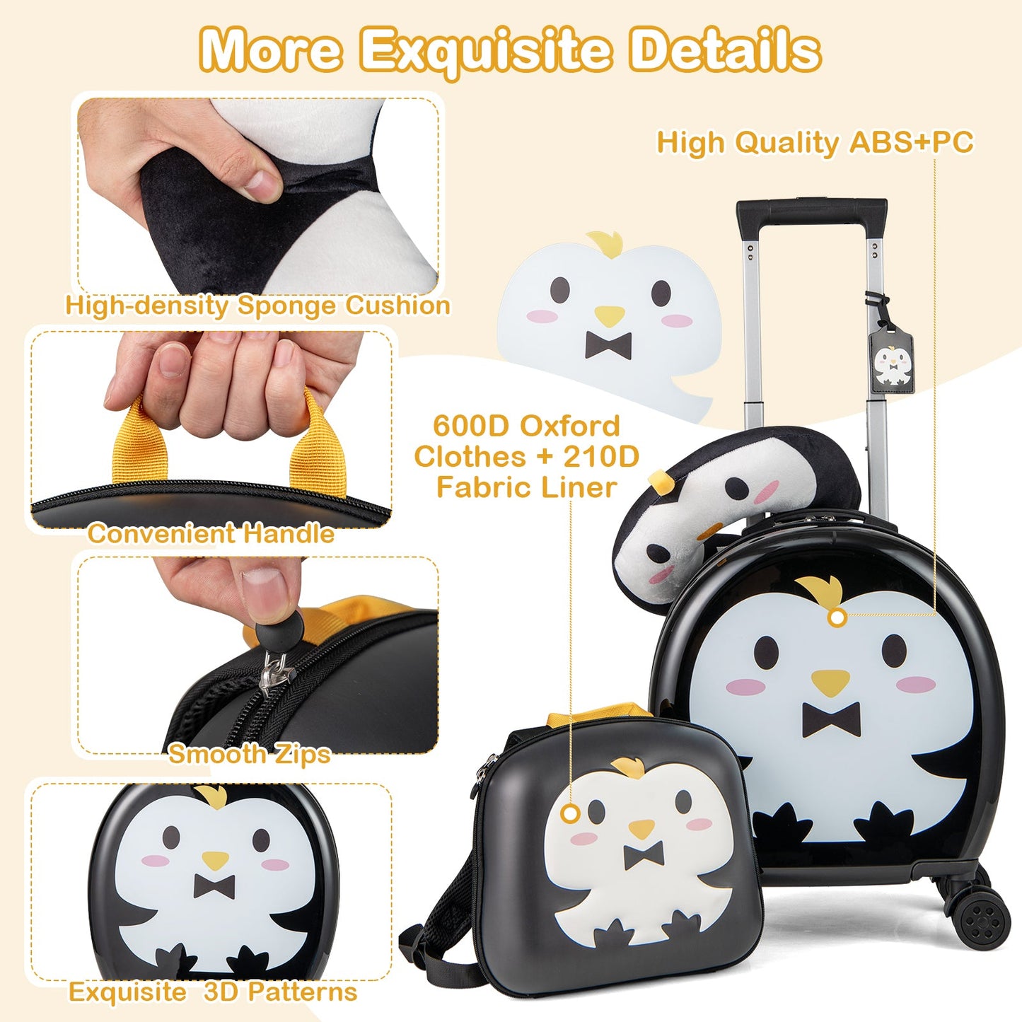 Ensemble de bagages pour enfants : valise à roulettes de 14 pouces et sac à dos de 10 pouces - Noir