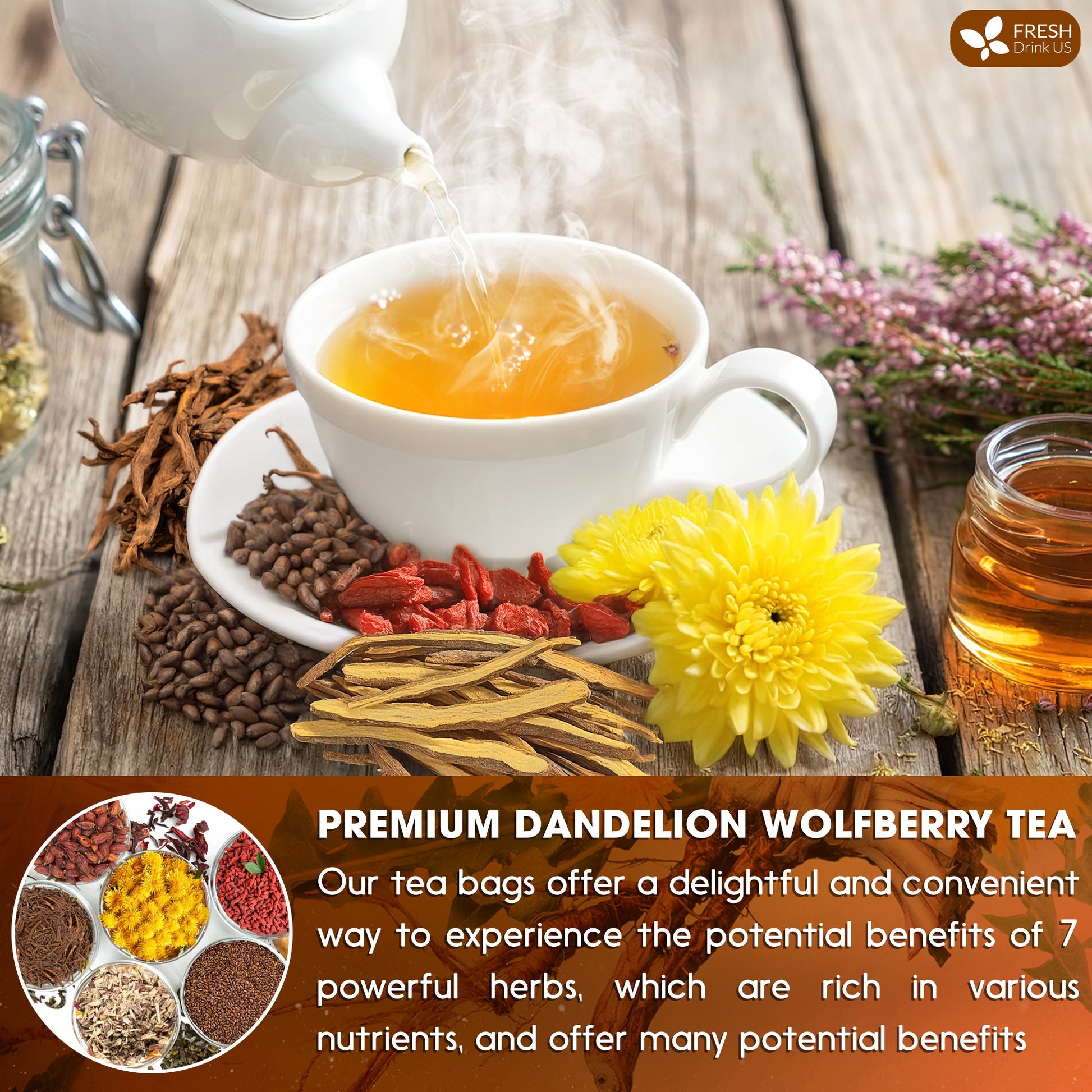 Dandelion Wolfberry Tea, 7 Herbal Ingredients - Korvel