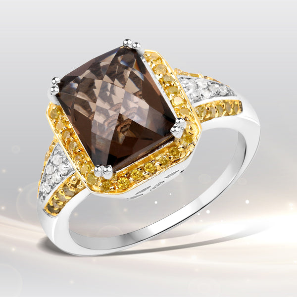 Bague cocktail en quartz fumé et diamants de 3,48 carats en argent sterling