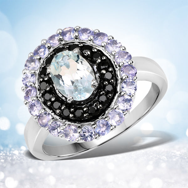 Bague en Argent Sterling de 1,77 Carat en Aigue-Marine et Tanzanite