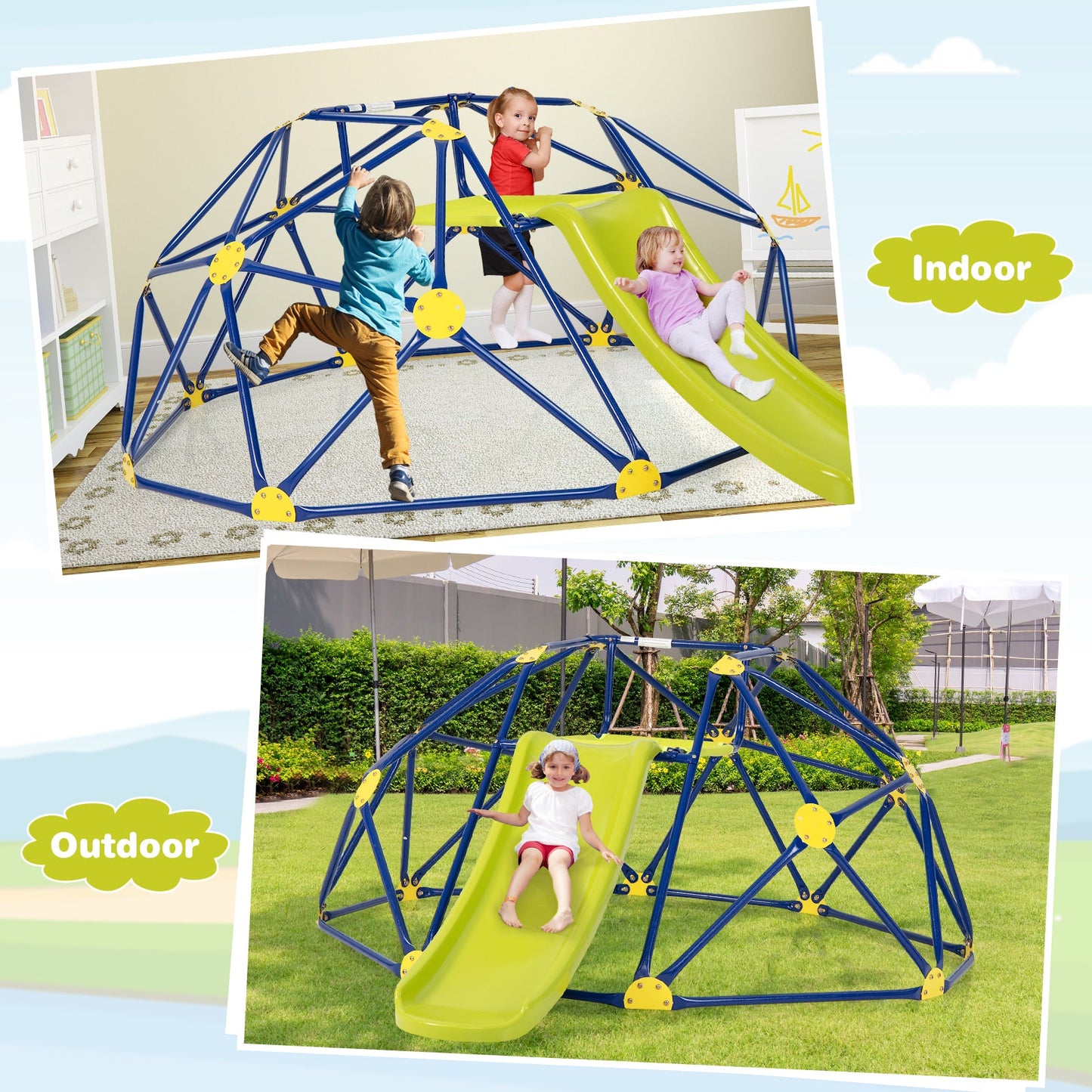 Kids Climbing Dome with Slide and Fabric Cushion - Blue