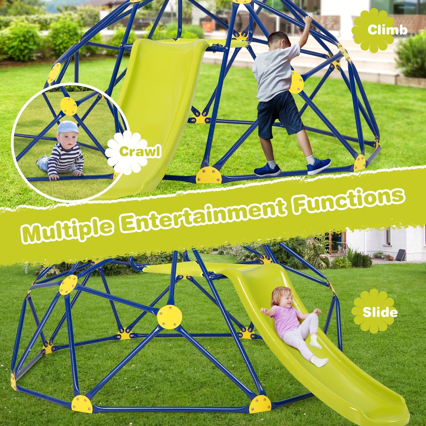 Kids Climbing Dome with Slide and Fabric Cushion - Blue