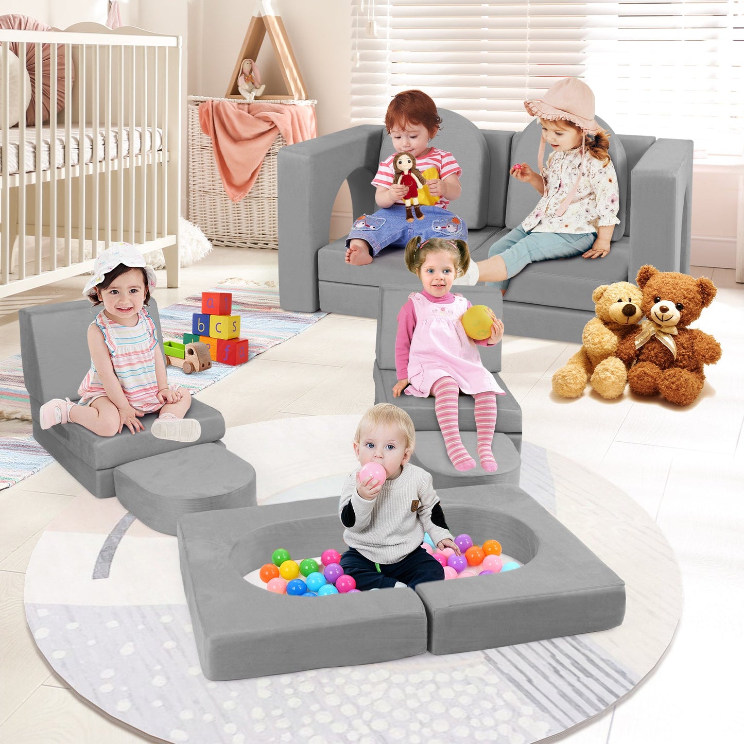 Sofá Modular de 8 Piezas para Niños en Suede Gris Cómodo