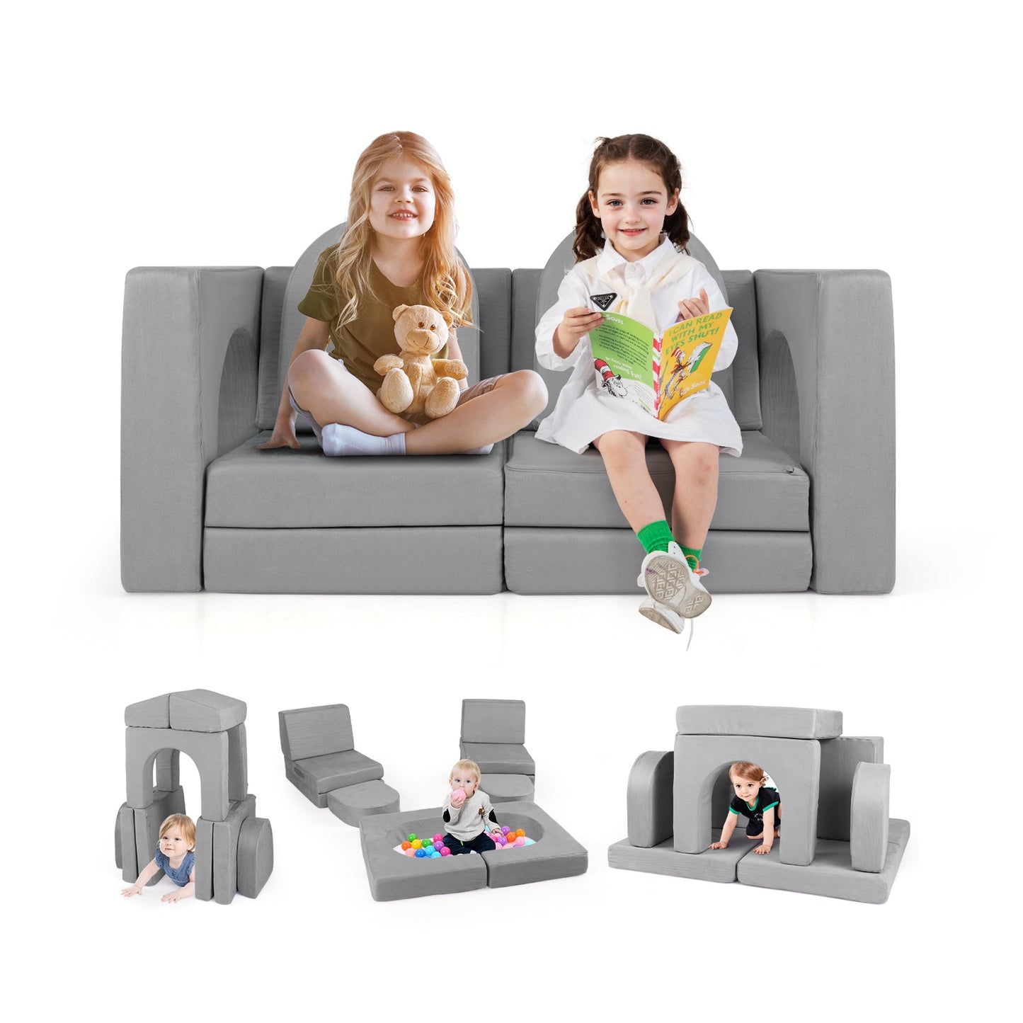 Sofá Modular de 8 Piezas para Niños en Suede Gris Cómodo