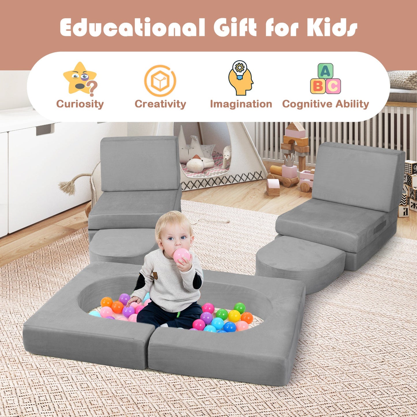 Sofá Modular de 8 Piezas para Niños en Suede Gris Cómodo