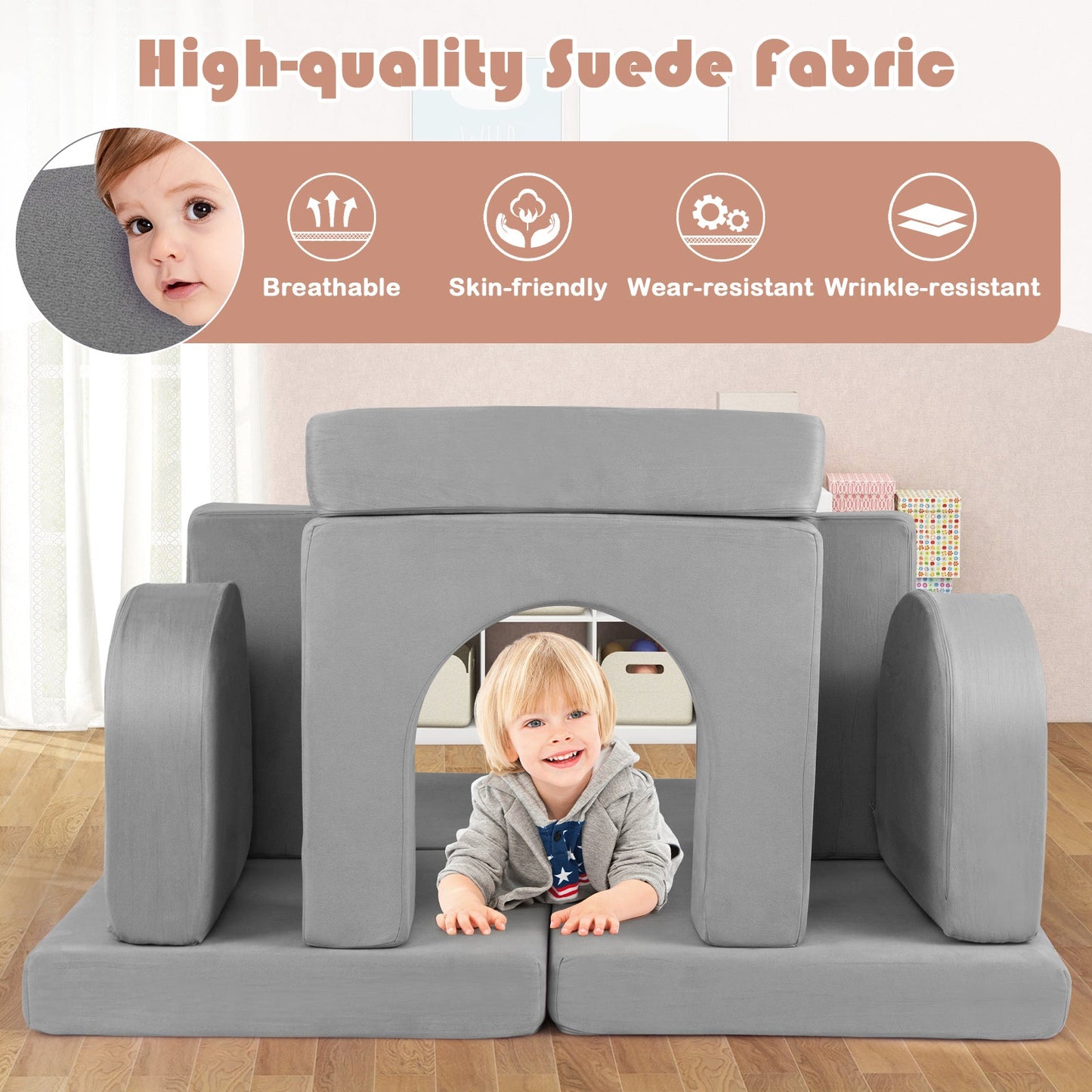 Sofá Modular de 8 Piezas para Niños en Suede Gris Cómodo