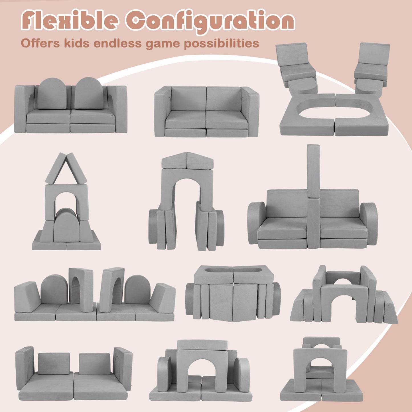 Sofá Modular de 8 Piezas para Niños en Suede Gris Cómodo