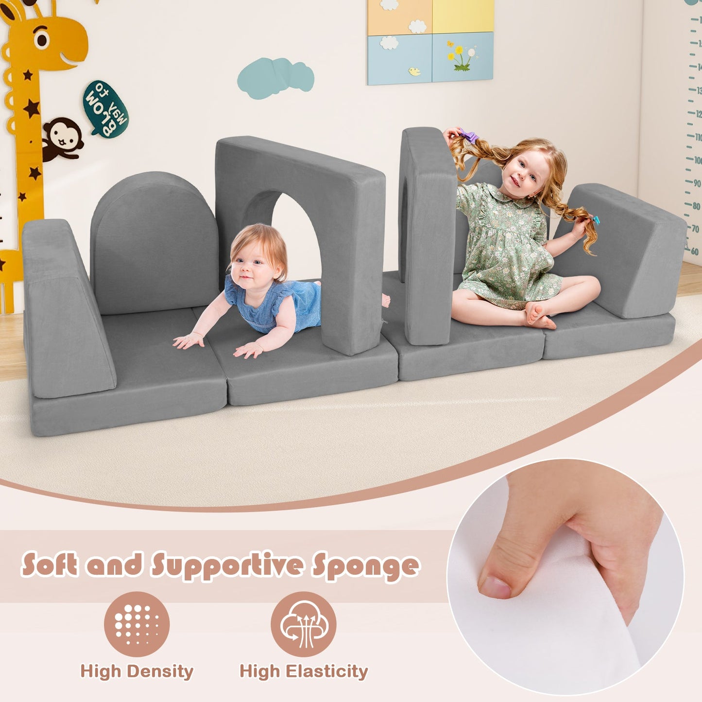 Sofá Modular de 8 Piezas para Niños en Suede Gris Cómodo