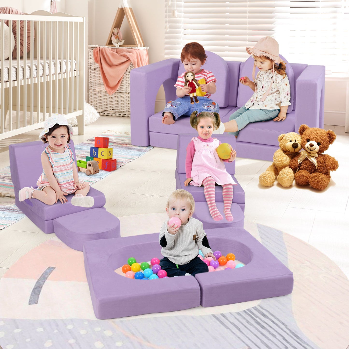 8-Piece Modular Kids Play Couch - Comfy Suede Fabric in Purple