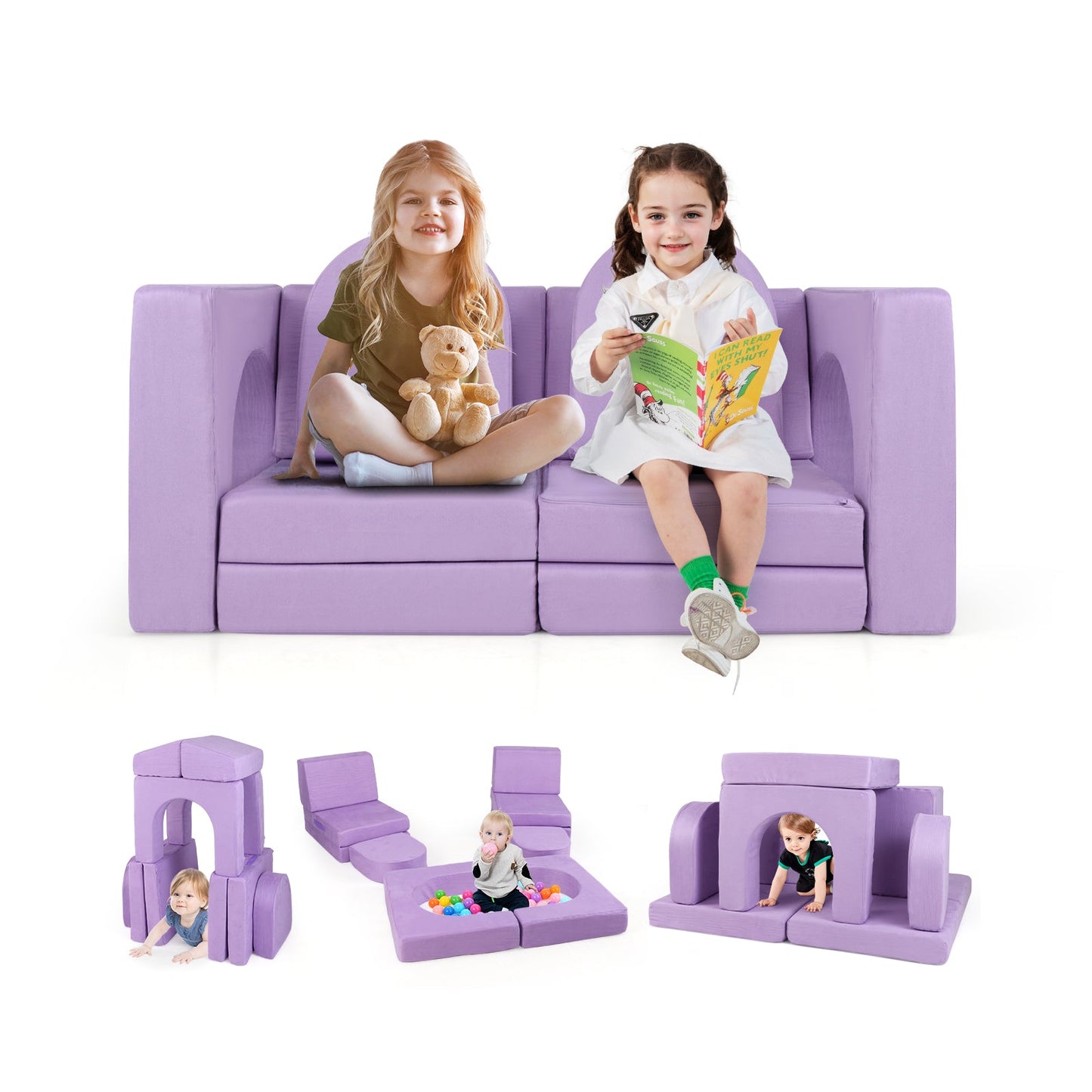 8-Piece Modular Kids Play Couch - Comfy Suede Fabric in Purple