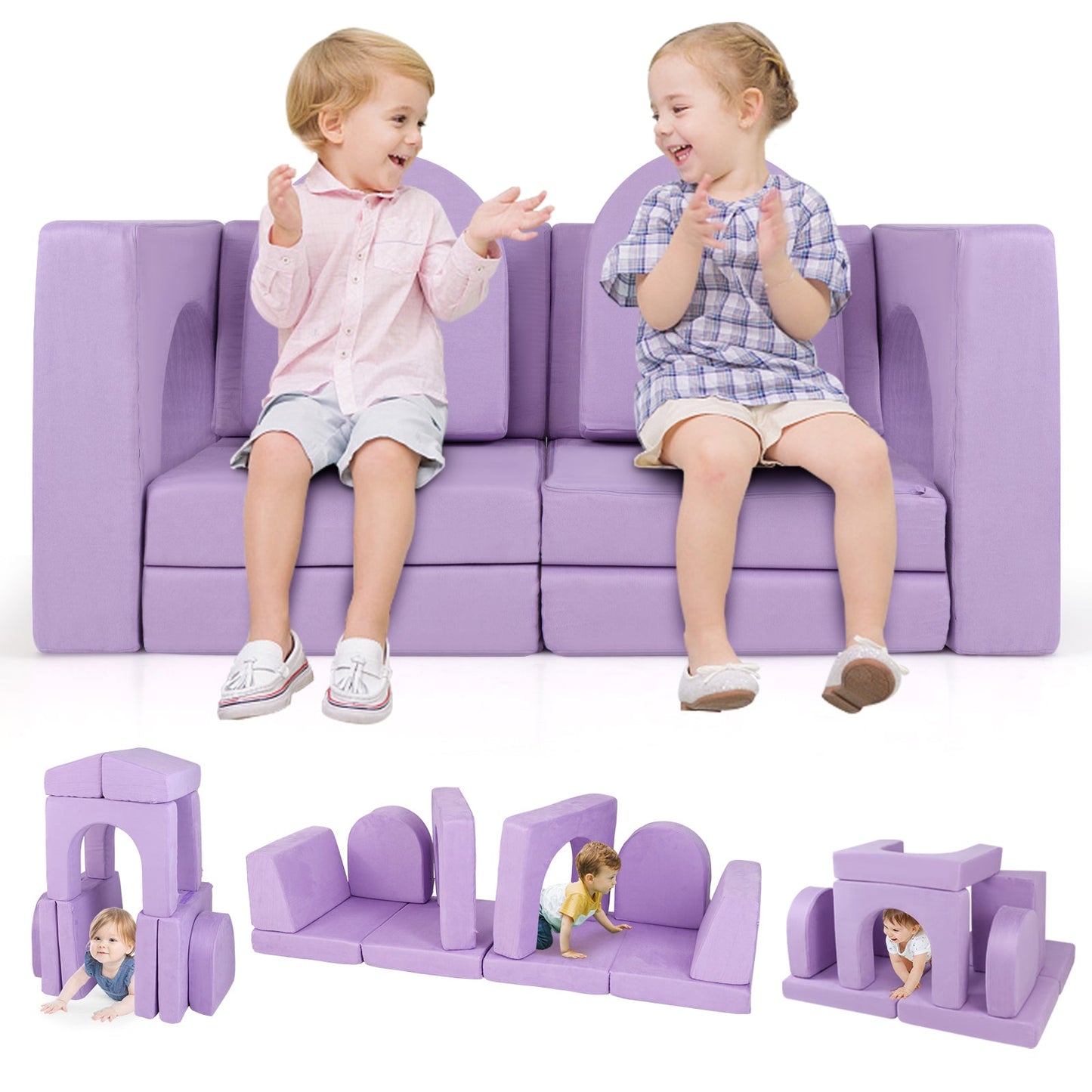 8-Piece Modular Kids Play Couch - Comfy Suede Fabric in Purple