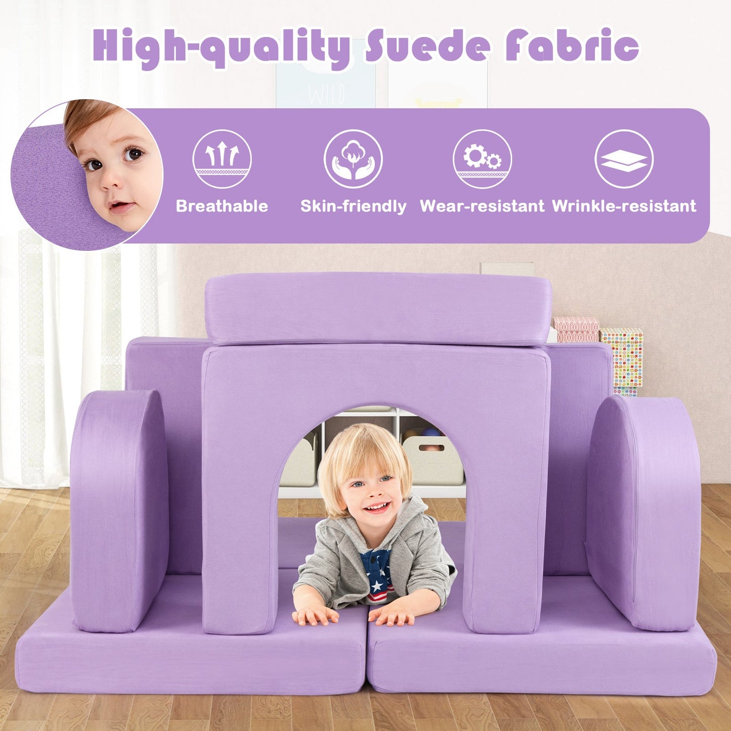 8-Piece Modular Kids Play Couch - Comfy Suede Fabric in Purple