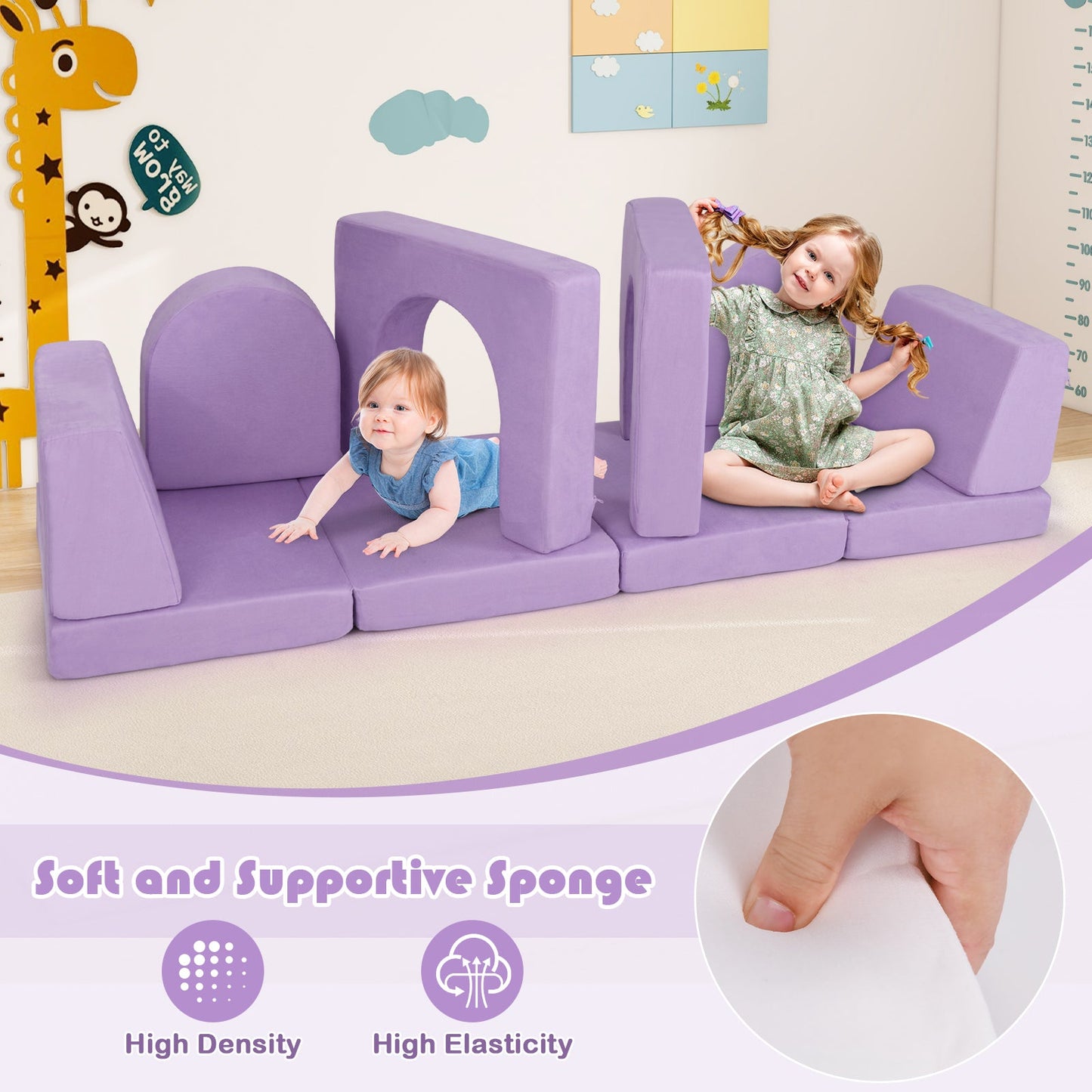 8-Piece Modular Kids Play Couch - Comfy Suede Fabric in Purple