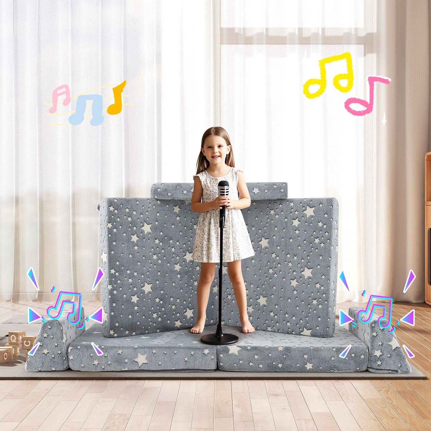 Sofá Modular Infantil de 8 Piezas - Gris que Brilla en la Oscuridad