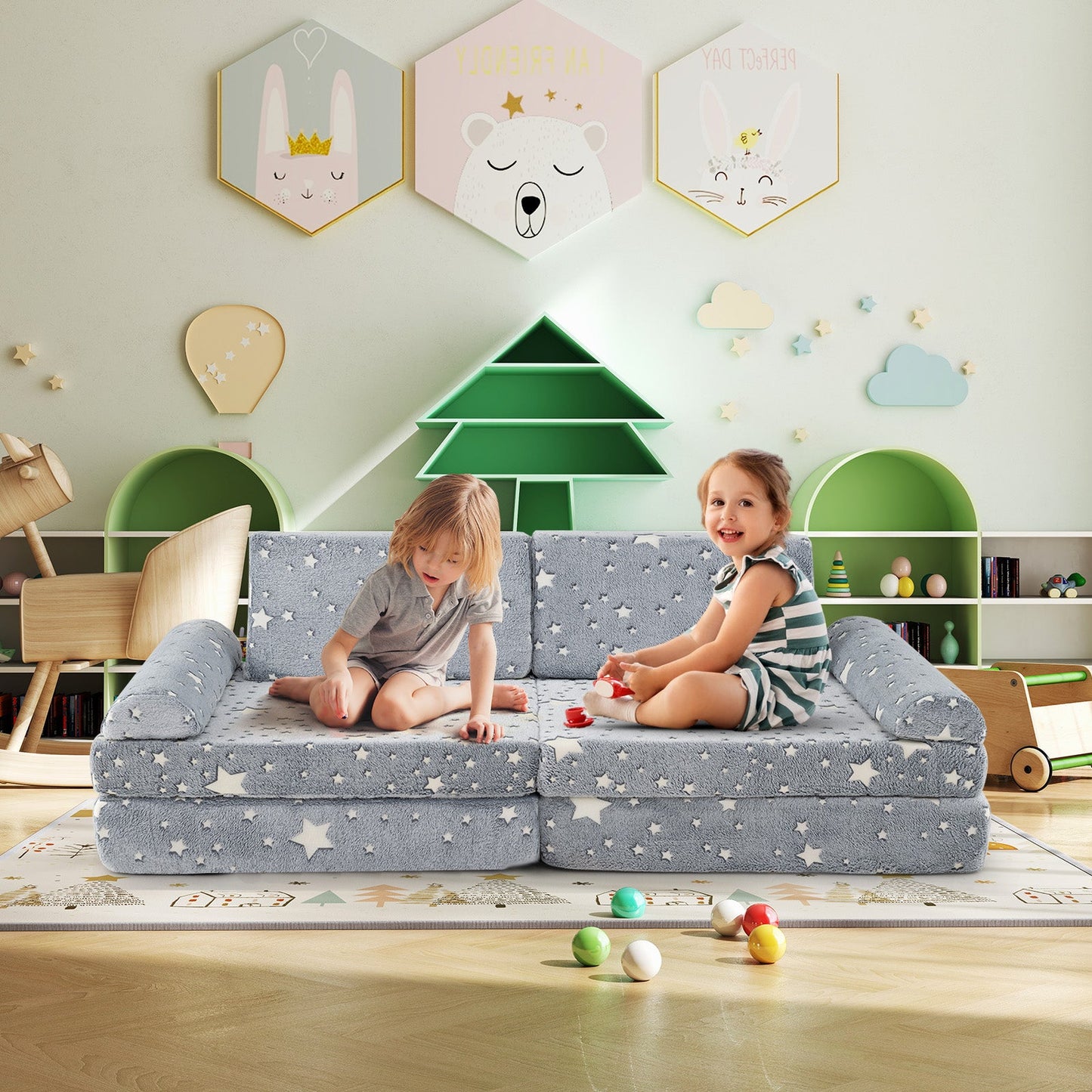 Sofá Modular Infantil de 8 Piezas - Gris que Brilla en la Oscuridad