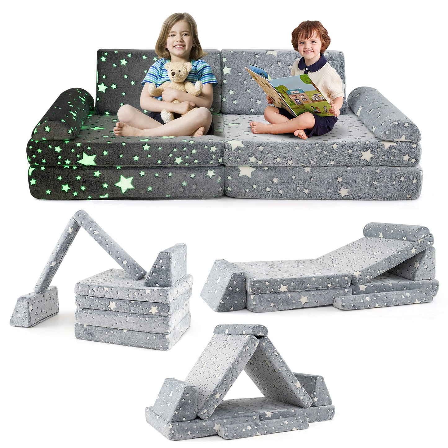 Sofá Modular Infantil de 8 Piezas - Gris que Brilla en la Oscuridad