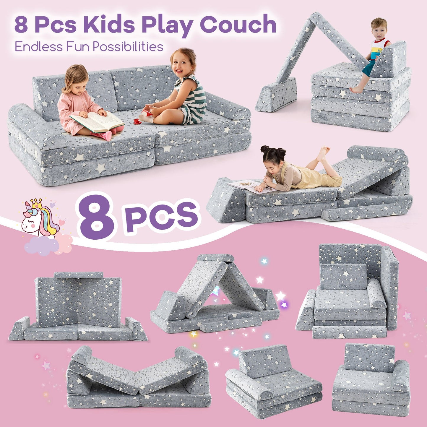 Sofá Modular Infantil de 8 Piezas - Gris que Brilla en la Oscuridad