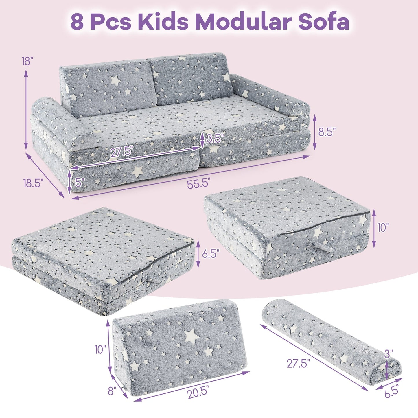 Sofá Modular Infantil de 8 Piezas - Gris que Brilla en la Oscuridad