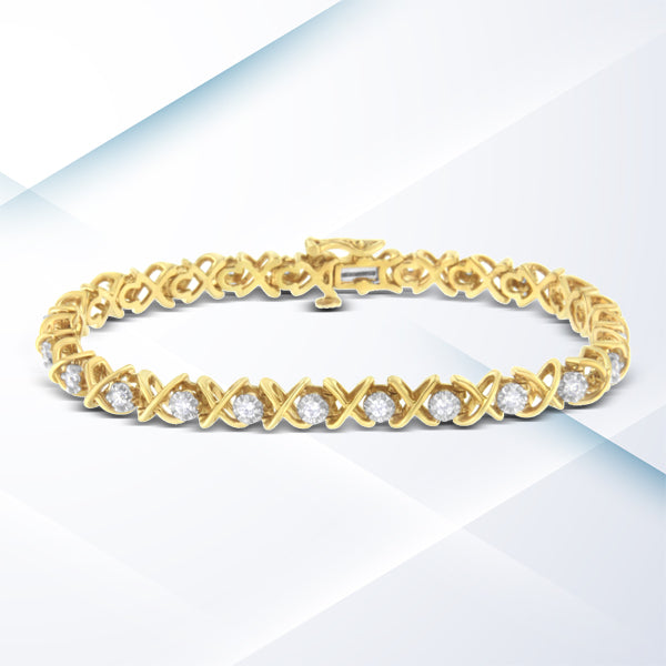 Bracelet en lien en argent sterling plaqué or jaune 10K avec diamants - Taille 7,25"
