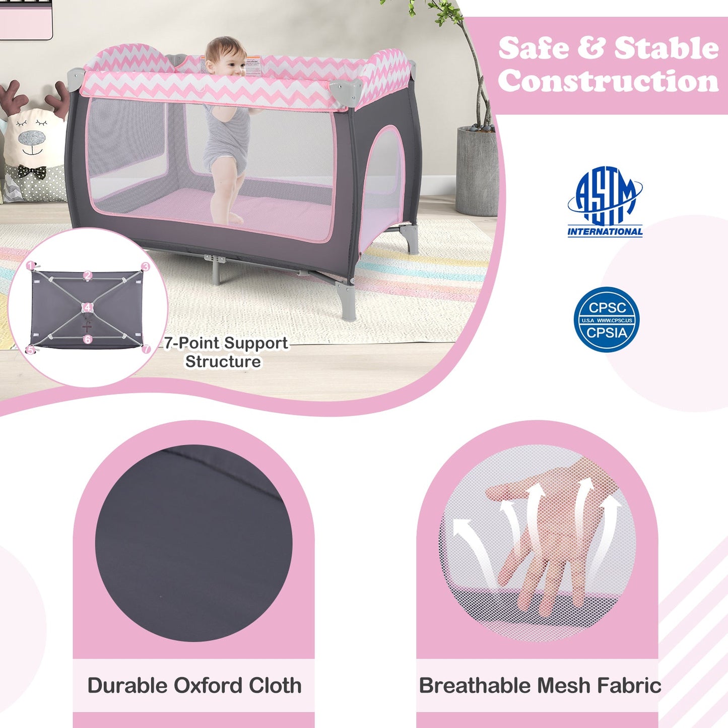 3-in-1 Portable Baby Playard with Zippered Door - Pink