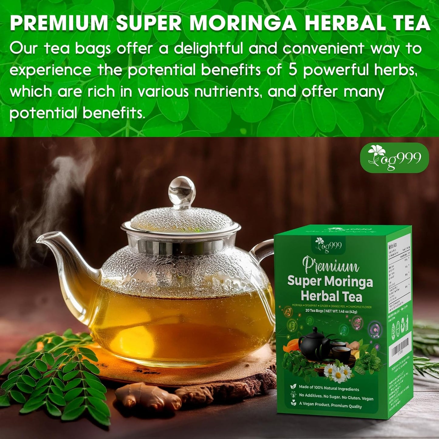 Premium Super Moringa Herbal Tea Bags - 20 Count