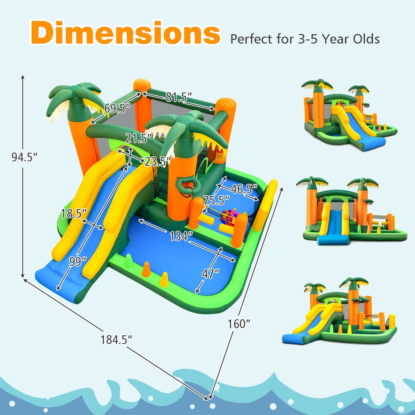 Château Gonflable Tropical 8-en-1 avec Toboggan et Bassins à Balles