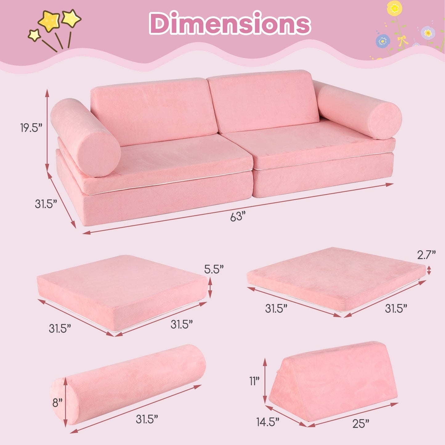 Ensemble de canapé en mousse pour enfants de 8 pièces - Rose