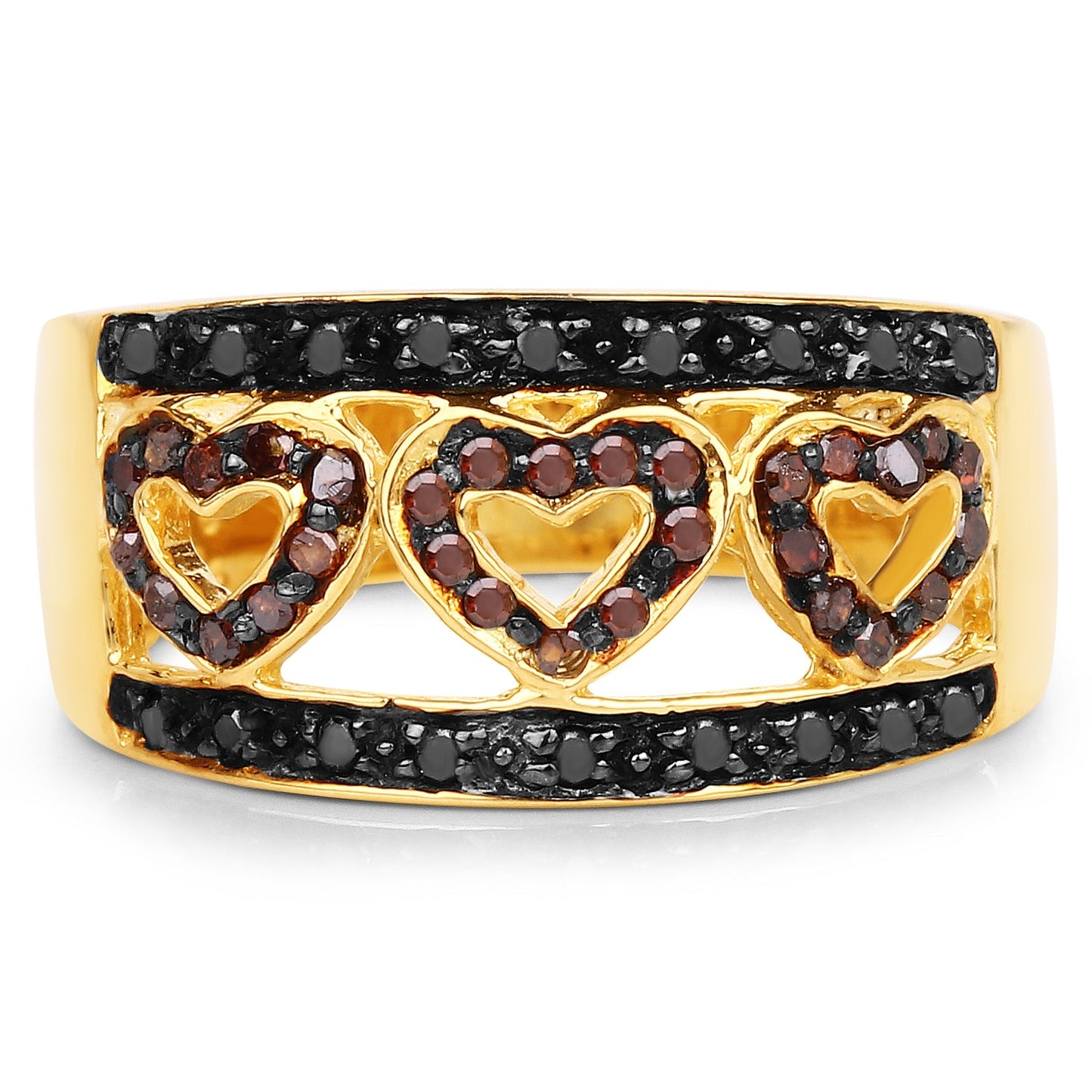 Anillo de Compromiso con Diamantes Negros y Rojos Baño de Oro Amarillo de 14K