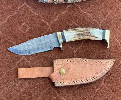 Premium Custom Damascus Steel Hunting Knife with Antler Handle & Brass Accents – 10" | KBS Knives - Korvel