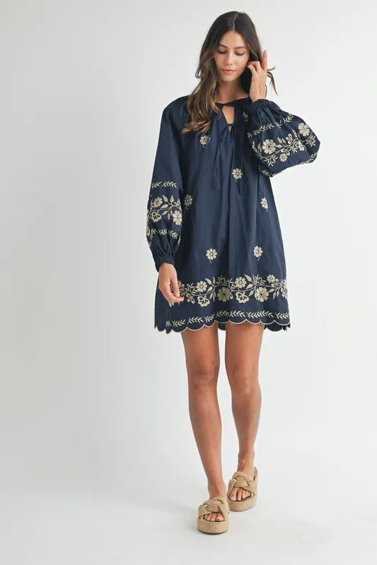 Embroidered Long Sleeve Peasant Mini Dress for Women