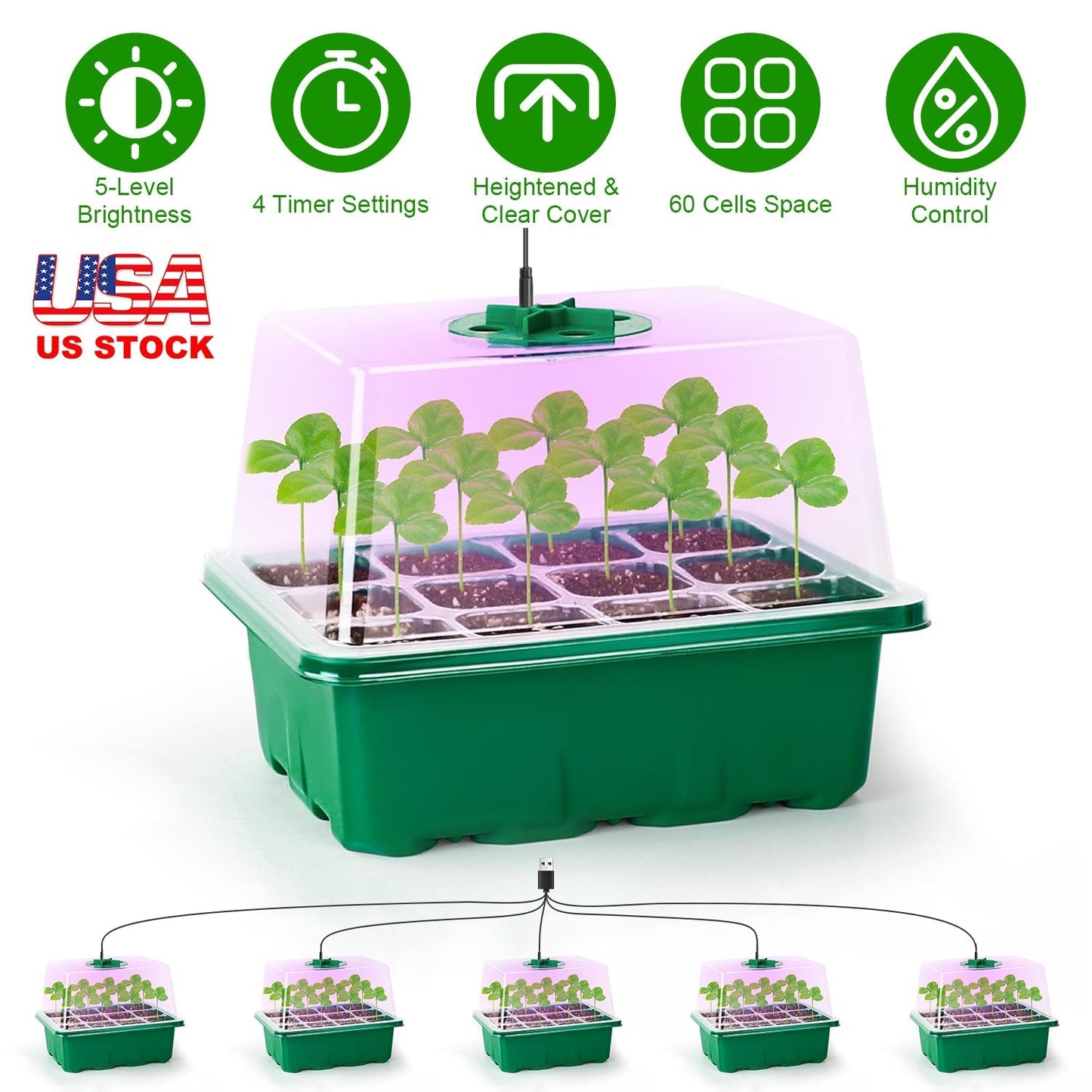 5-Pack Seed Starter Tray with Grow Light and Humidity Dome