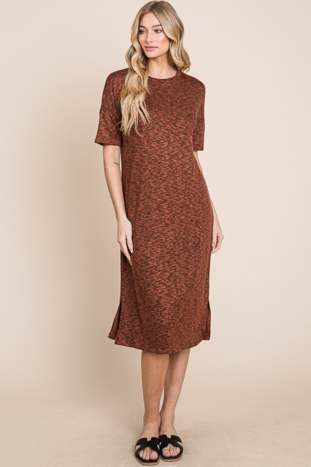 Chic Round Neck Side Slit Midi Dress for Women