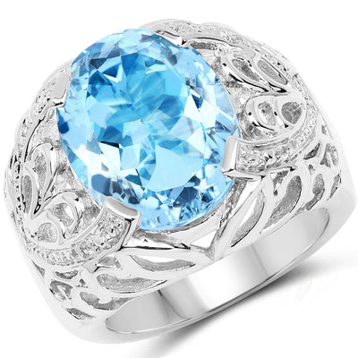 11.29 Carat Genuine Blue Topaz & White Topaz Sterling Silver Ring