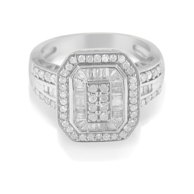 .925 Sterling Silver Diamond Elongated Octagon Cocktail Ring - Size 7