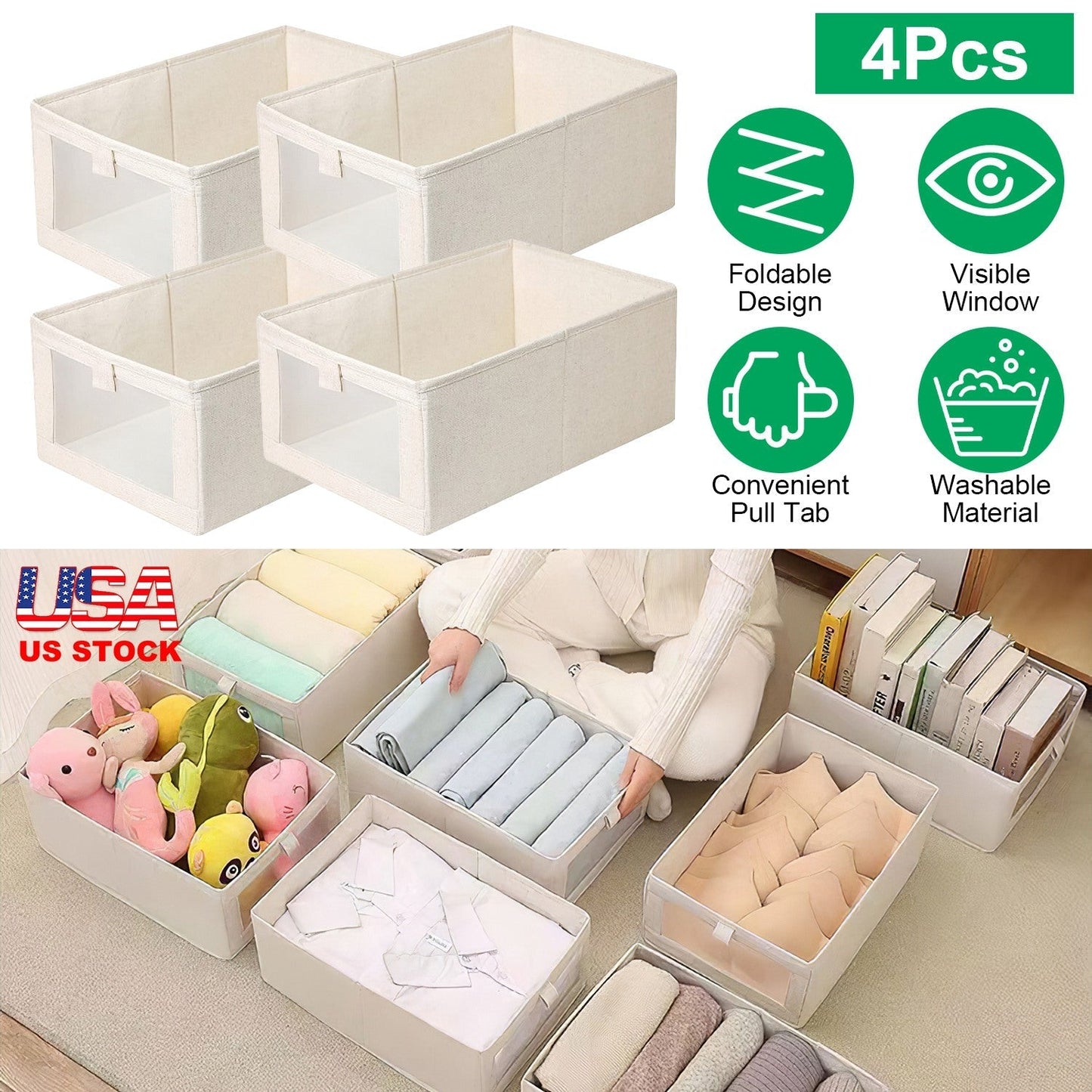 4-Piece Foldable Linen Storage Bins with Clear Window