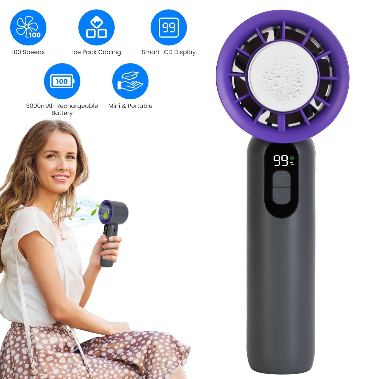 Ventilateur portable à main 100 vitesses avec refroidisseur à glace - Rechargeable et portable