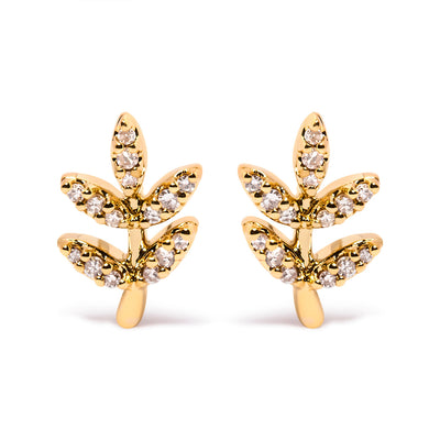 Pendientes de Stud de Hoja y Rama Acentuados con Diamantes en Oro Amarillo de 10K