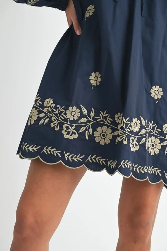 Embroidered Long Sleeve Peasant Mini Dress for Women