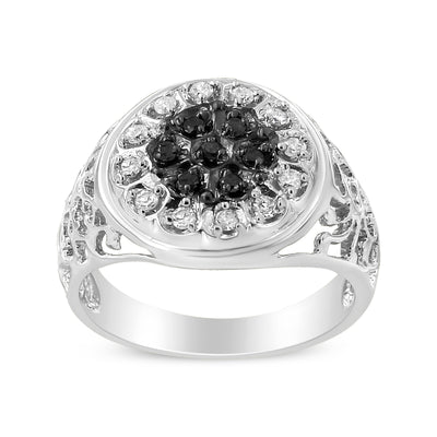 .925 Sterling Silver Black and White Diamond Halo Cluster Ring for Men - Size 10