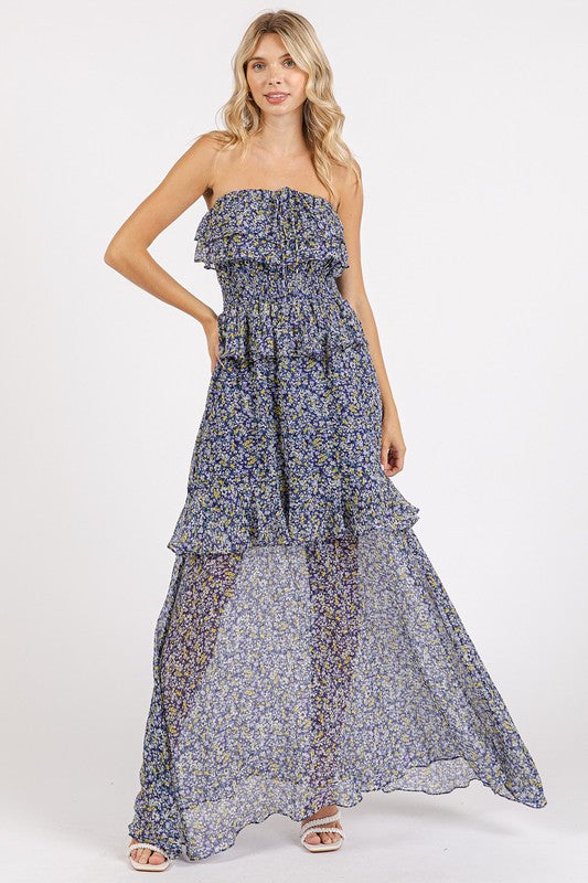 Robe maxi à col halter en fleurs froncées et volantes