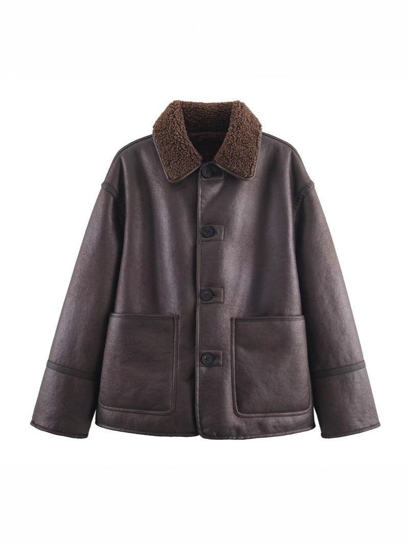 Abrigo de Cuero y Piel Doble Cara Casual y Acogedor para Mujeres