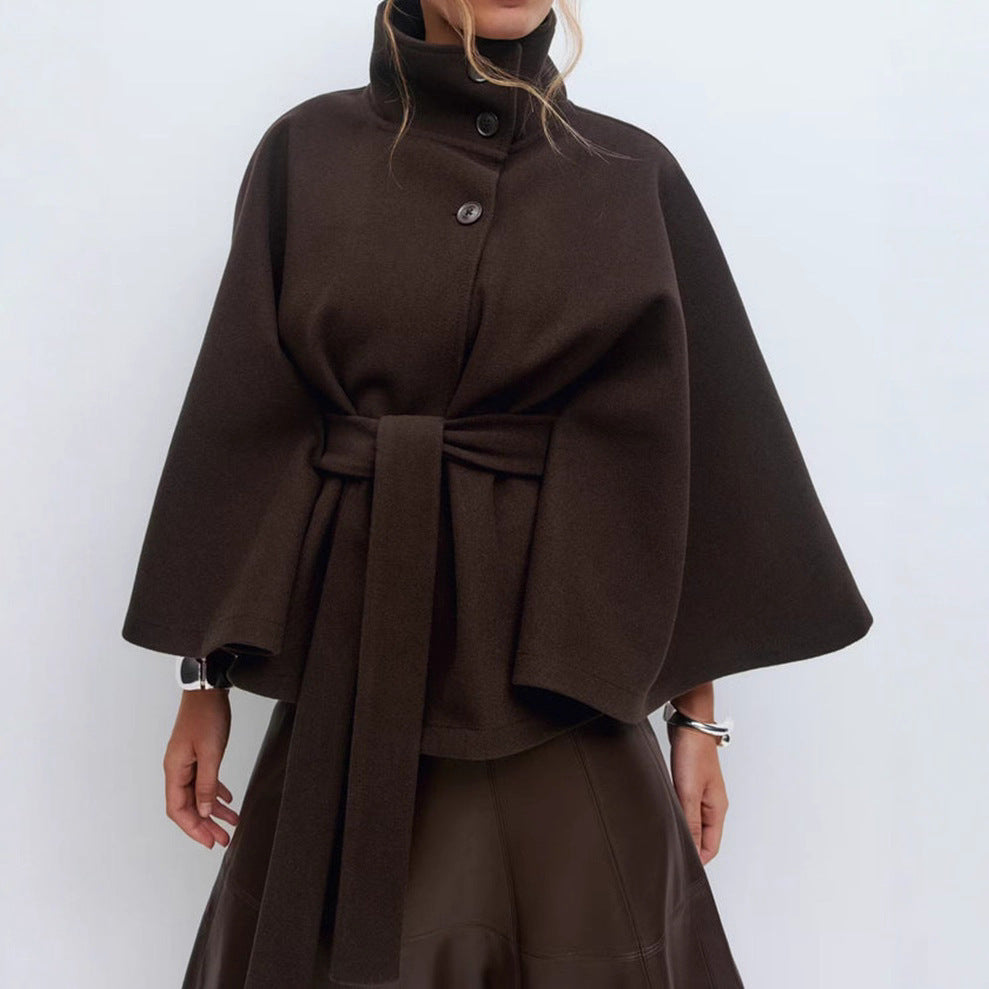 Manteau Trench Élégant d'Hiver à Col Montant et Manches Chauve-Souris pour Femmes