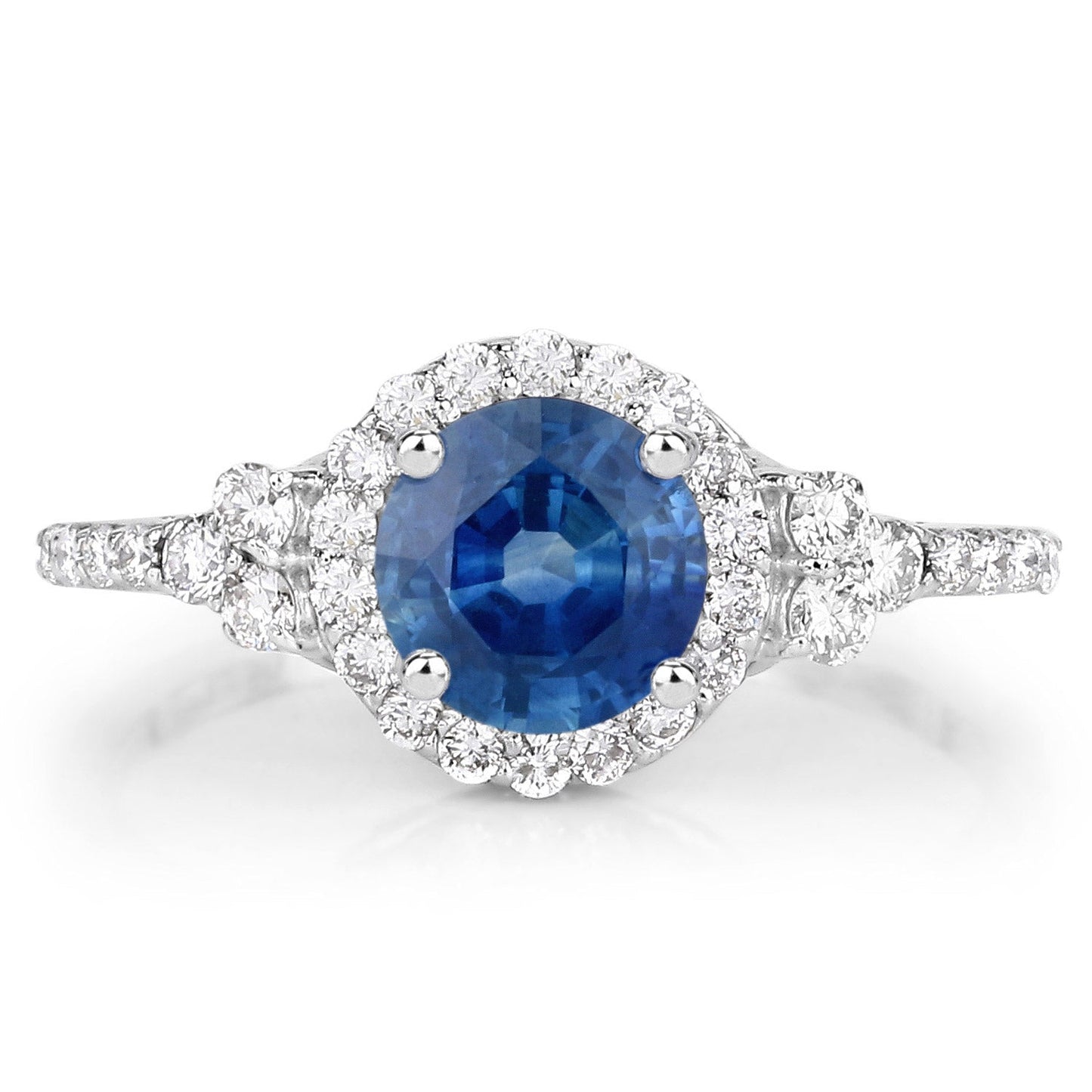 Bague Halo en Saphir Bleu et Diamants de 1,34 Carat en Or Blanc 14K