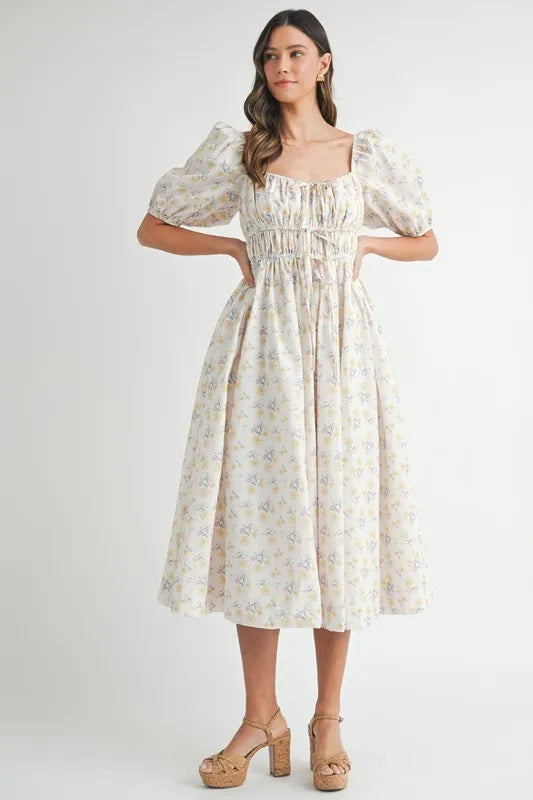 Floral Drawstring Detail Puff Sleeve Midi Dress