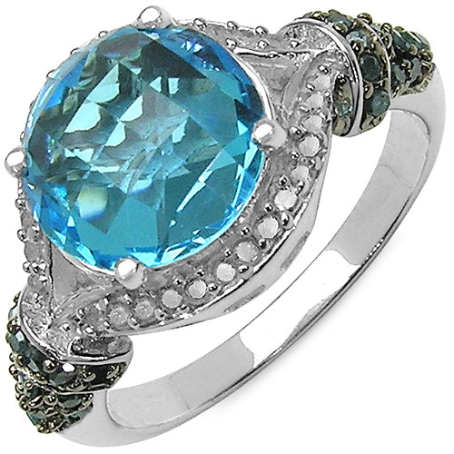 4.96 Carat Blue Topaz & Diamond Sterling Silver Ring