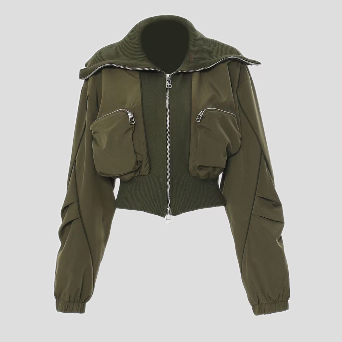 Womens Casual Bomber Jacket with Zippered Pockets
