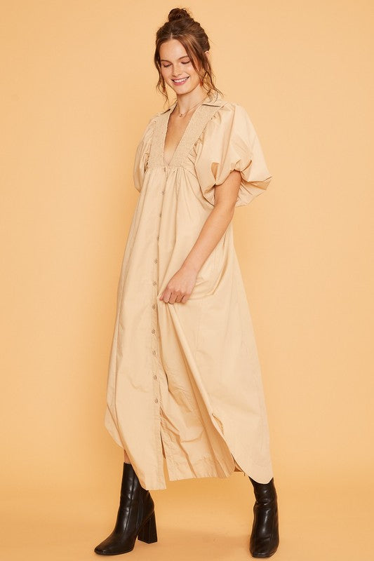Smocked Puff Sleeve Midi Dress - Chic and Flattering Design