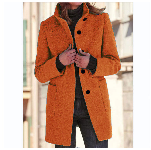 Manteau en Laine à Col Montant avec Poches pour Femmes