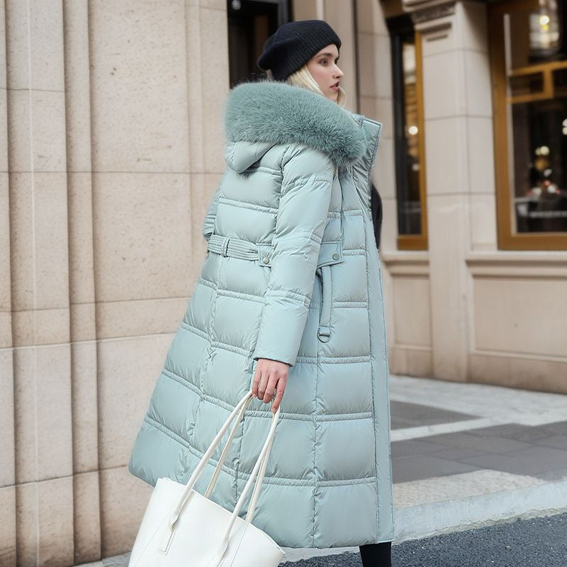 Winter Slim Long Jacket with Fur Hood for Women